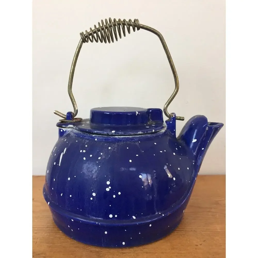 Vtg Cast Iron Blue Enamel Speckleware Wood Stove Top Heavy Duty Water Kettle